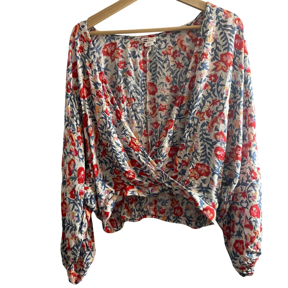 Billabong Womens Red Blue Floral Surplice Balloon Sleeve Crop Top Blouse Medium
